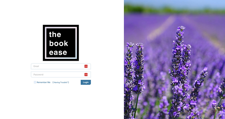 Login page with "the book ease" logo on the left and a lavender field on the right.